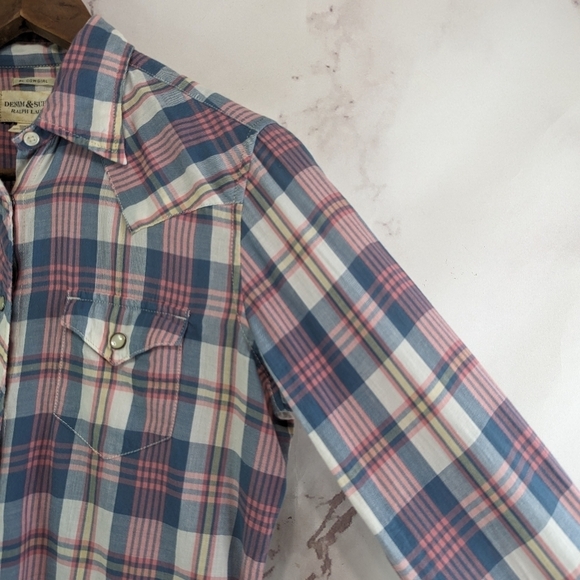 Ralph Lauren Top Women Medium Pink Blue Denim Supply Plaid Button Cowgirl Pearl - Picture 10 of 12
